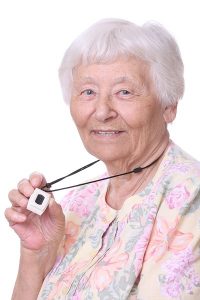 lady with alert pendant necklace